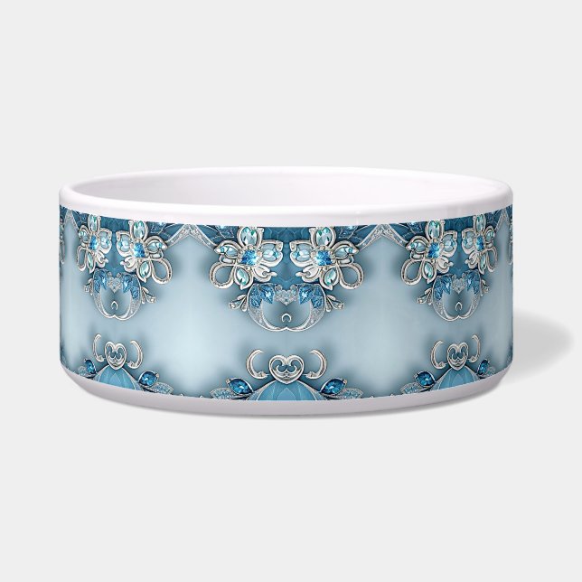 Blue Ornate Floral Ceramic Pet Bowl Napf (Vorderseite)
