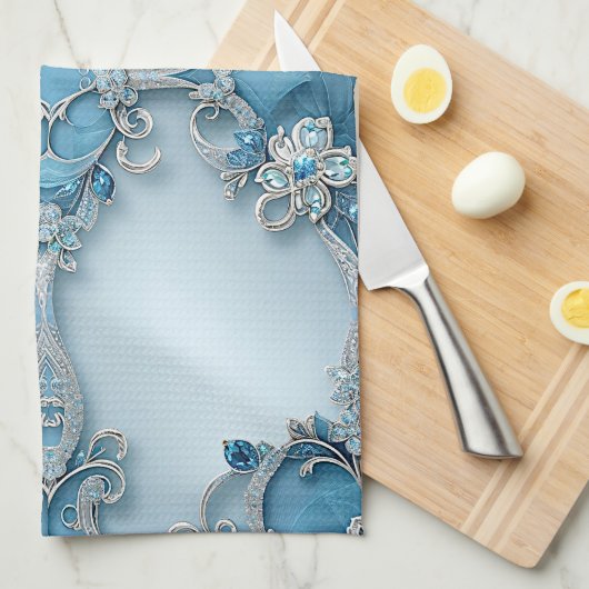Blue Ornate Floral Kitchen Towel Geschirrtuch (Viertel Falte)