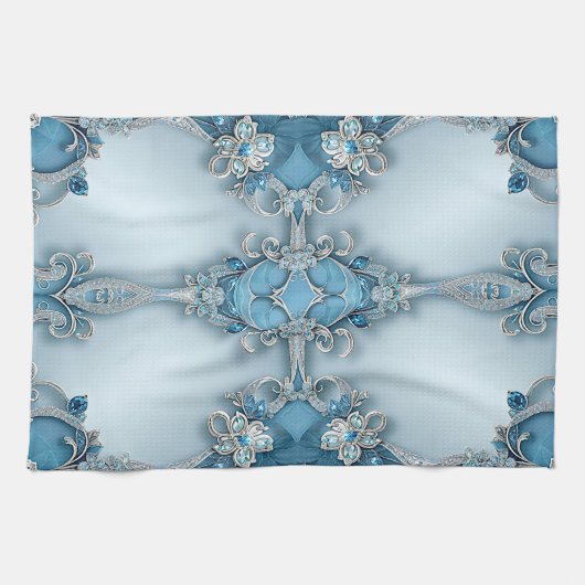 Blue Ornate Floral Kitchen Towel Geschirrtuch (Horizontal)
