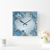 Blue Ornate Floral Wall Clock Quadratische Wanduhr (Zuhause)
