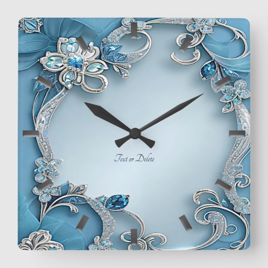 Blue Ornate Floral Wall Clock Quadratische Wanduhr (Vorderseite)