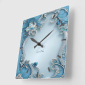 Blue Ornate Floral Wall Clock Quadratische Wanduhr (Winkel)