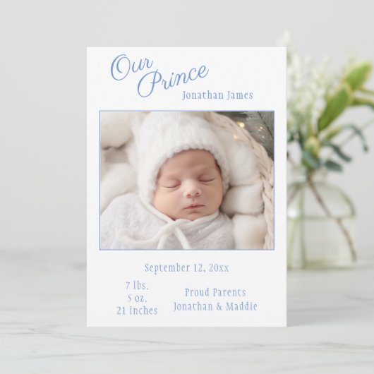 Blue Our Prince Foto Boy Baby Birth Ankündigung (Stehend Vorderseite)