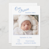 Blue Our Prince Foto Boy Baby Birth Ankündigung (Vorne/Hinten)