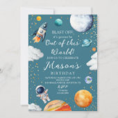 Blue Out of This World Rocket & Astronaut Kids Einladung (Vorderseite)