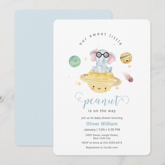 Blue Outer Space Elephant Baby Shower  Einladung (Vorne/Hinten)