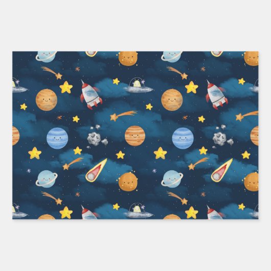 Blue Outer Space Planets Seamless Pattern Geschenkpapier Set (Vorderseite 3)