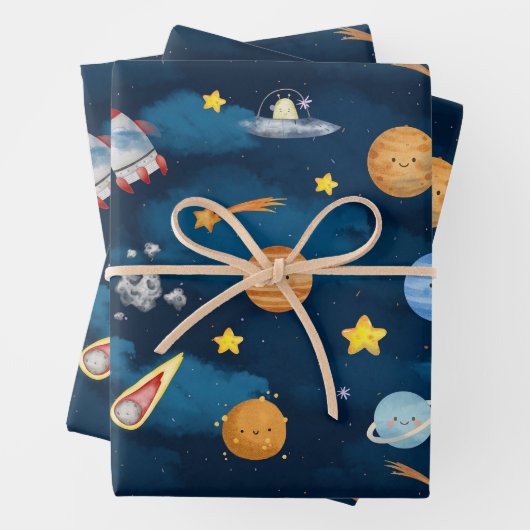 Blue Outer Space Planets Seamless Pattern Geschenkpapier Set (Beispiel)