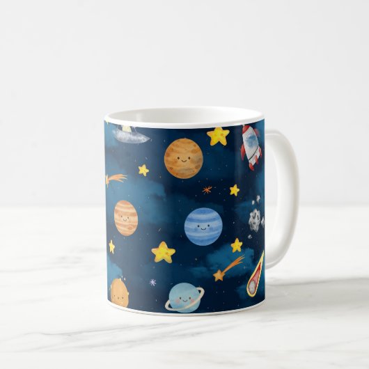  Blue Outer Space Planets Seamless Pattern Kaffeetasse (VorderseiteRechts)