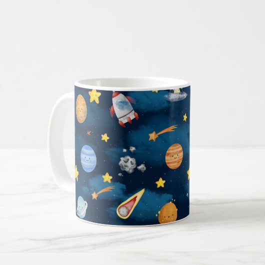  Blue Outer Space Planets Seamless Pattern Kaffeetasse (Vorderseite Links)