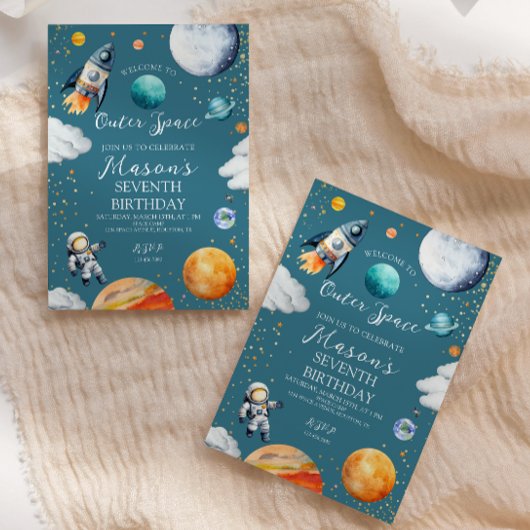 Blue Outer Space Rocket & Astronaut Kids Birthday Einladung