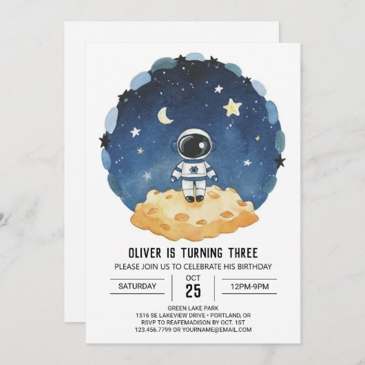 Blue Outerspace Modern Astronaut Boy Birthday Einladung (Vorne/Hinten)