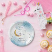 Blue Over the Moon Gold Stars Baby Shower Pappteller (Party)