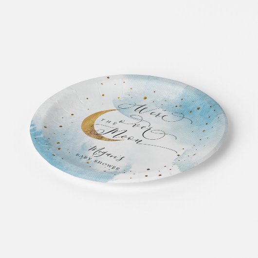 Blue Over the Moon Gold Stars Baby Shower Pappteller (Schrägansicht)