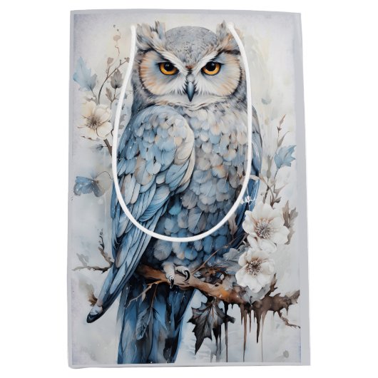 Blue Owl auf einem Zweig Weihnachten Mittlere Geschenktüte (Vorderseite)