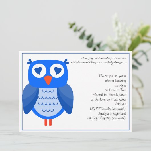 Blue Owl Baby Dusche Einladung (Stehend Vorderseite)