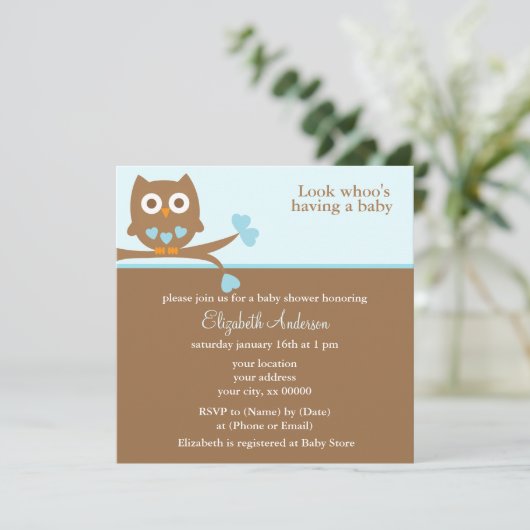 Blue Owl Baby Dusche Einladung (Stehend Vorderseite)