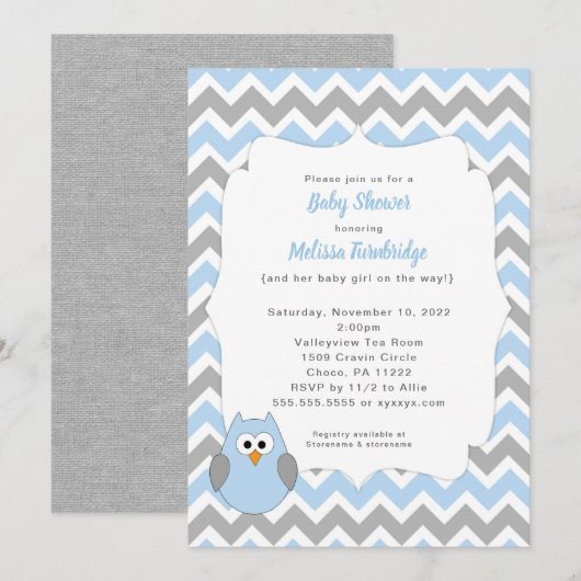 Blue Owl Baby Dusche Einladung, Baby Sprinkle Einladung (Vorne/Hinten)