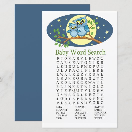 Blue Owl Baby Dusche Word Search Game (Vorne/Hinten)