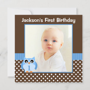 Blue Owl Brown Polka Dot 1. Geburtstag Junge Foto Einladung