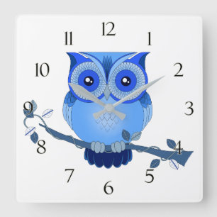 Blue Owl Clock with Numbers Quadratische Wanduhr