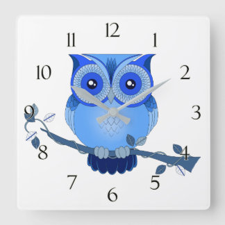 Blue Owl Clock with Numbers Quadratische Wanduhr