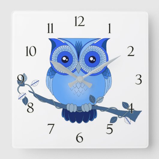Blue Owl Clock with Numbers Quadratische Wanduhr (Vorderseite)