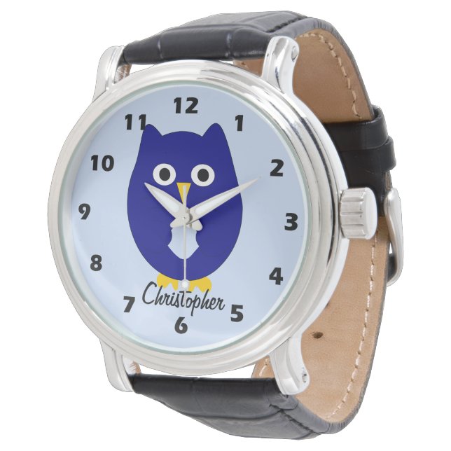 Blue Owl Design Any Colour Background Personalised Armbanduhr (Schrägansicht)