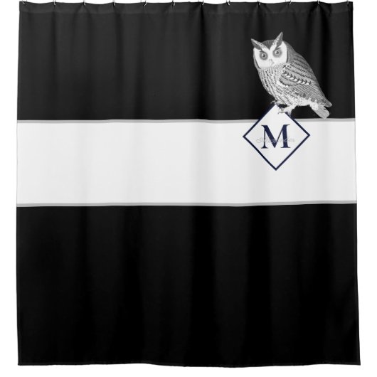 Blue Owl Gray Monogram Name Badezimmer Duschvorhang (Vorderseite)