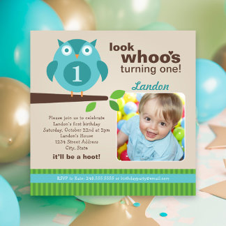 Blue Owl Modern Woodland Birthday Boy Party Einladung