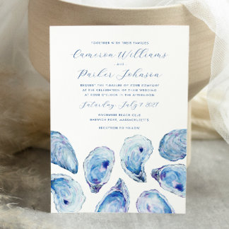 Blue Oyster Watercolor Coastal Wedding Einladung