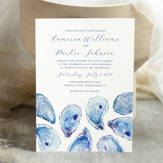 Blue Oyster Watercolor Coastal Wedding Einladung