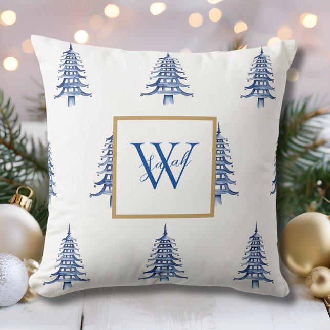 Blue Pagoda Weihnachtsbaum Mit Monogramm Muster Kissen (Blue Pagoda Christmas Tree Monogrammed Pattern Throw Pillow)
