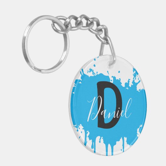 Blue Paint Splash Monogram Keychain Personalized Schlüsselanhänger (Vorderseite links)