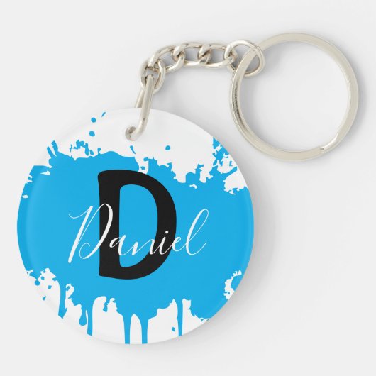 Blue Paint Splash Monogram Keychain Personalized Schlüsselanhänger (Rückseite)