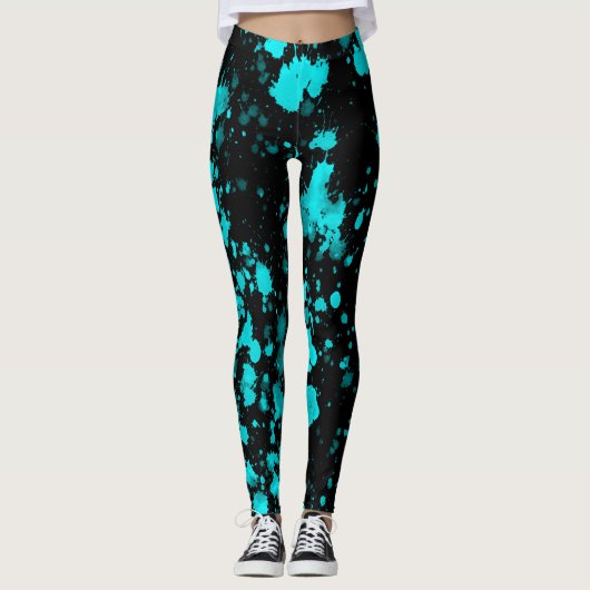 Blue Paint Spritzer auf Schwarzen Leggings (Vorderseite)