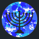 Blue Paint Spritzer Menorah Runder Aufkleber<br><div class="desc">Blauer Spritzer menorah Aufkleber.</div>