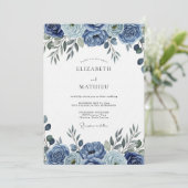 Blue Painterly Floral Wedding Einladung (Stehend Vorderseite)