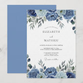 Blue Painterly Floral Wedding Einladung (Vorne/Hinten)