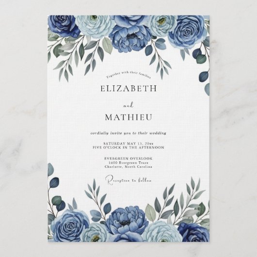 Blue Painterly Floral Wedding Einladung (Vorderseite)