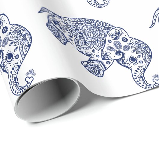 Blue Paisley Elephant Weißer Hintergrund Geschenkpapier (Rolleneckpunkt)