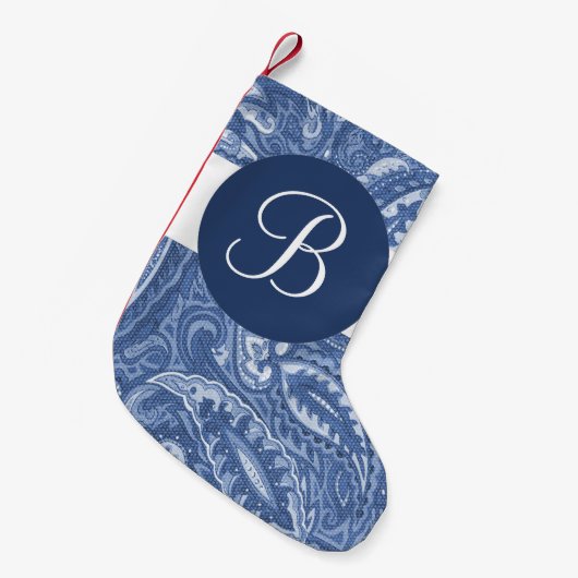 Blue Paisley Monogram Christmas Strumpf Kleiner Weihnachtsstrumpf (Vorderansicht (hängend))