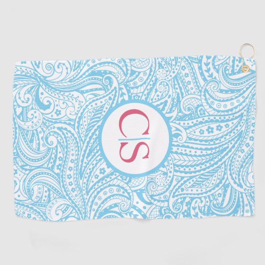 Blue Paisley Pattern and Pink Mongram Golfhandtuch (Horizontal)