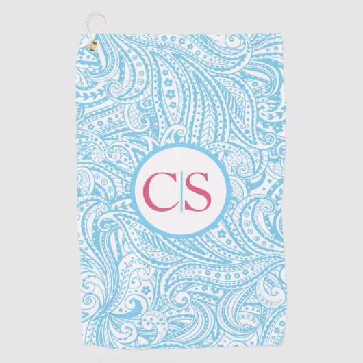 Blue Paisley Pattern and Pink Mongram Golfhandtuch (Vorderseite)