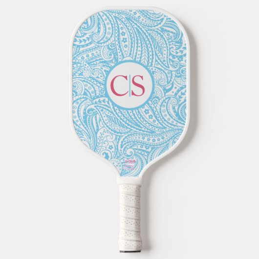 Blue Paisley Pattern and Pink Mongram Pickleball Schläger (Vorderseite)
