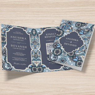 Blue Paisley Pattern QR Code Indian Wedding Einladung