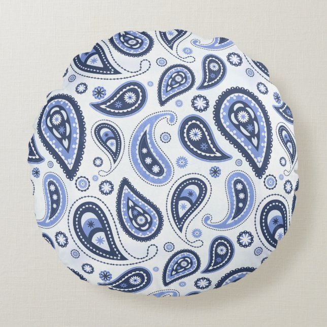 Blue Paisley Pattern Rundes Kissen (Vorderseite)