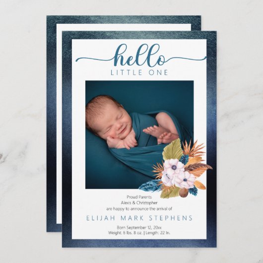 Blue Palm Blätter |Feathers 2 Foto Baby Boy Birth Ankündigung (Vorne/Hinten)