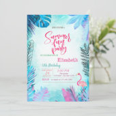 Blue Palm Blätter Pink Flamingo Sommer Geburtstag Einladung (Stehend Vorderseite)