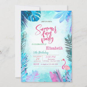 Blue Palm Blätter Pink Flamingo Sommer Geburtstag Einladung